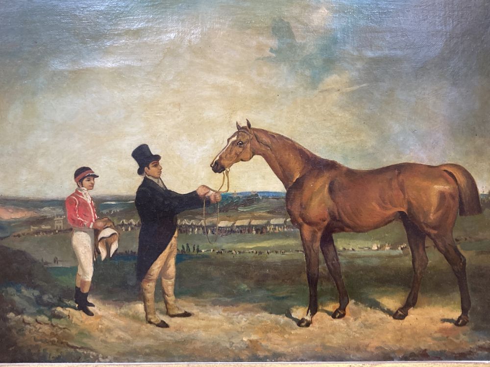 English School, oil on canvas, Jockey, owner and horse in a landscape, 24 x 34cm